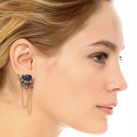 ALEXIS BITTAR • Blue Gold Crystal Traveling Draped Chain Cuff Climbers Earrings - Picture 3 of 14